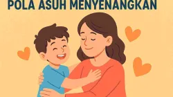 Ilustrasi ibu memeluk anak dengan penuh kasih sayang sebagai simbol pola asuh menyenangkan dan positif dalam keluarga.