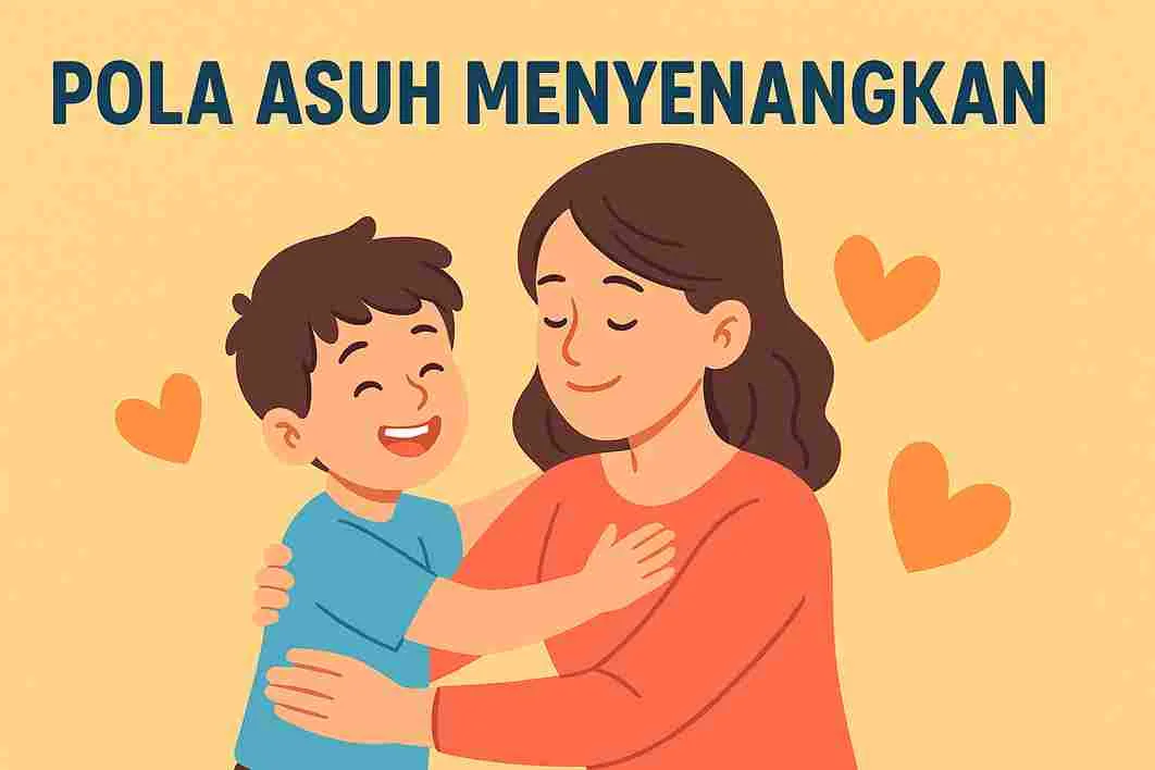 Ilustrasi ibu memeluk anak dengan penuh kasih sayang sebagai simbol pola asuh menyenangkan dan positif dalam keluarga.