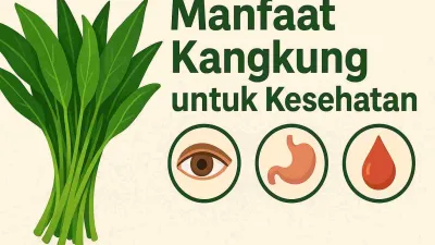 Ilustrasi manfaat kangkung untuk kesehatan dengan gambar daun kangkung segar dan ikon mata, lambung, serta tetes darah.