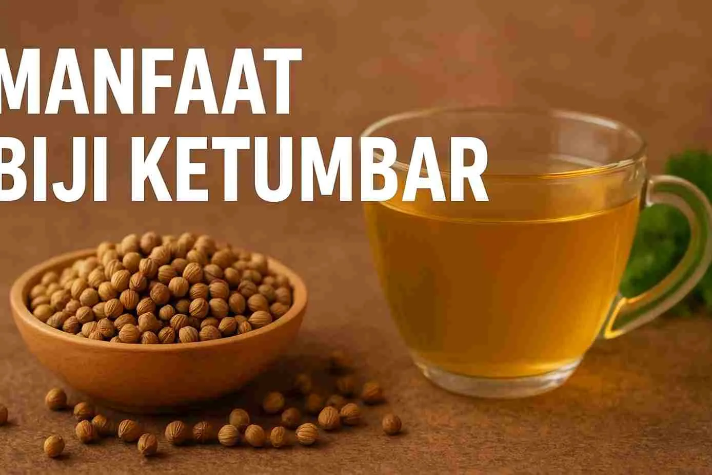 Segelas air rebusan biji ketumbar dan mangkuk kayu berisi biji ketumbar di atas meja cokelat.