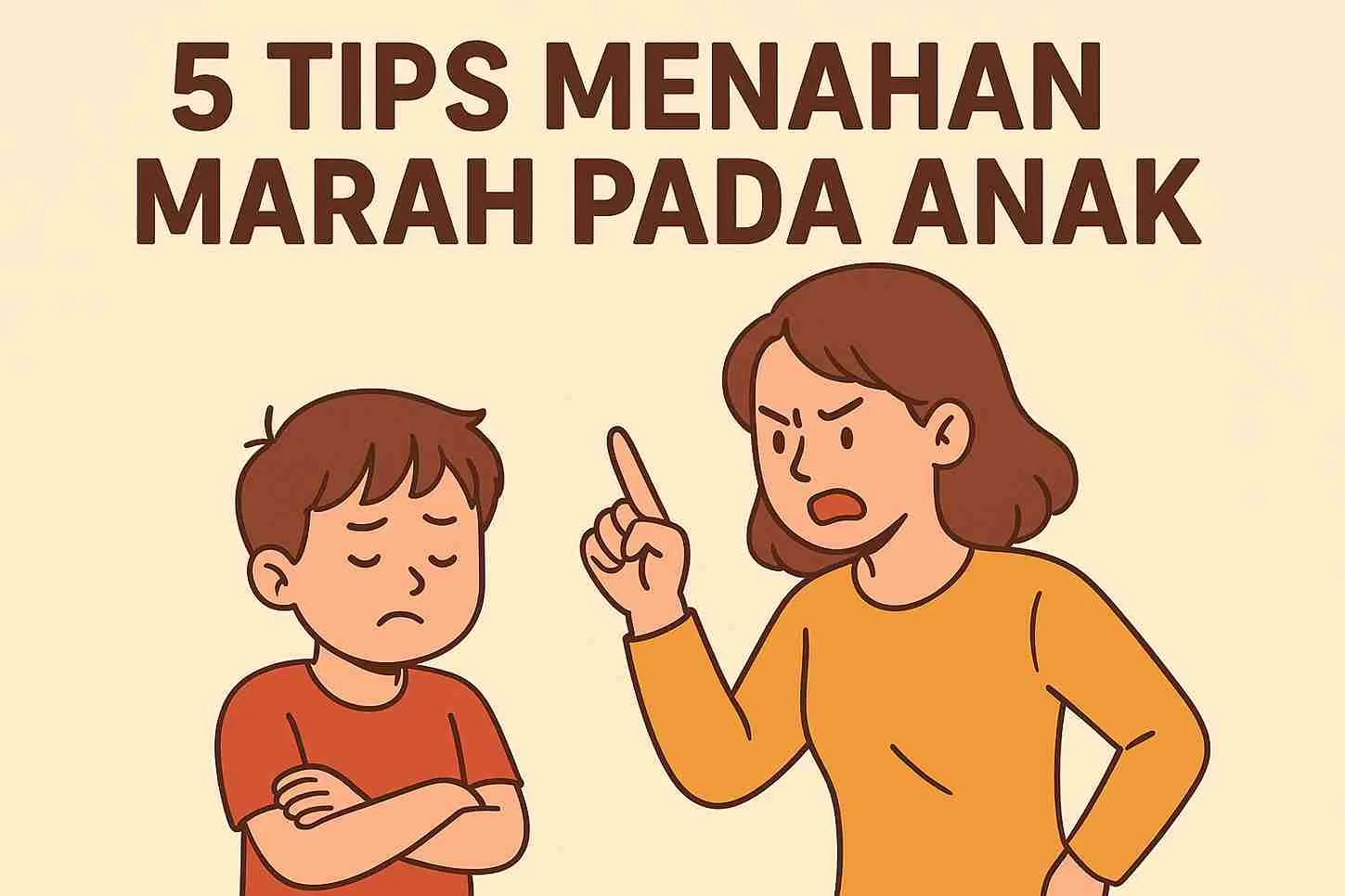 Ilustrasi seorang ibu sedang menegur anaknya dengan ekspresi marah, sementara anak terlihat menunduk dan menyilangkan tangan, dengan judul “5 Tips Menahan Marah pada Anak” di atasnya.