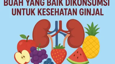 Ilustrasi buah-buahan sehat seperti apel, anggur, stroberi, semangka, nanas, dan blueberry di sekitar gambar ginjal manusia dengan tulisan “Buah yang Baik Dikonsumsi untuk Kesehatan Ginjal”.