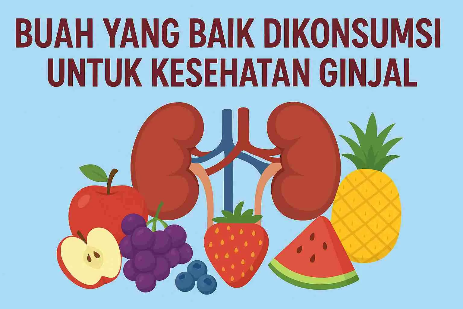 Ilustrasi buah-buahan sehat seperti apel, anggur, stroberi, semangka, nanas, dan blueberry di sekitar gambar ginjal manusia dengan tulisan “Buah yang Baik Dikonsumsi untuk Kesehatan Ginjal”.