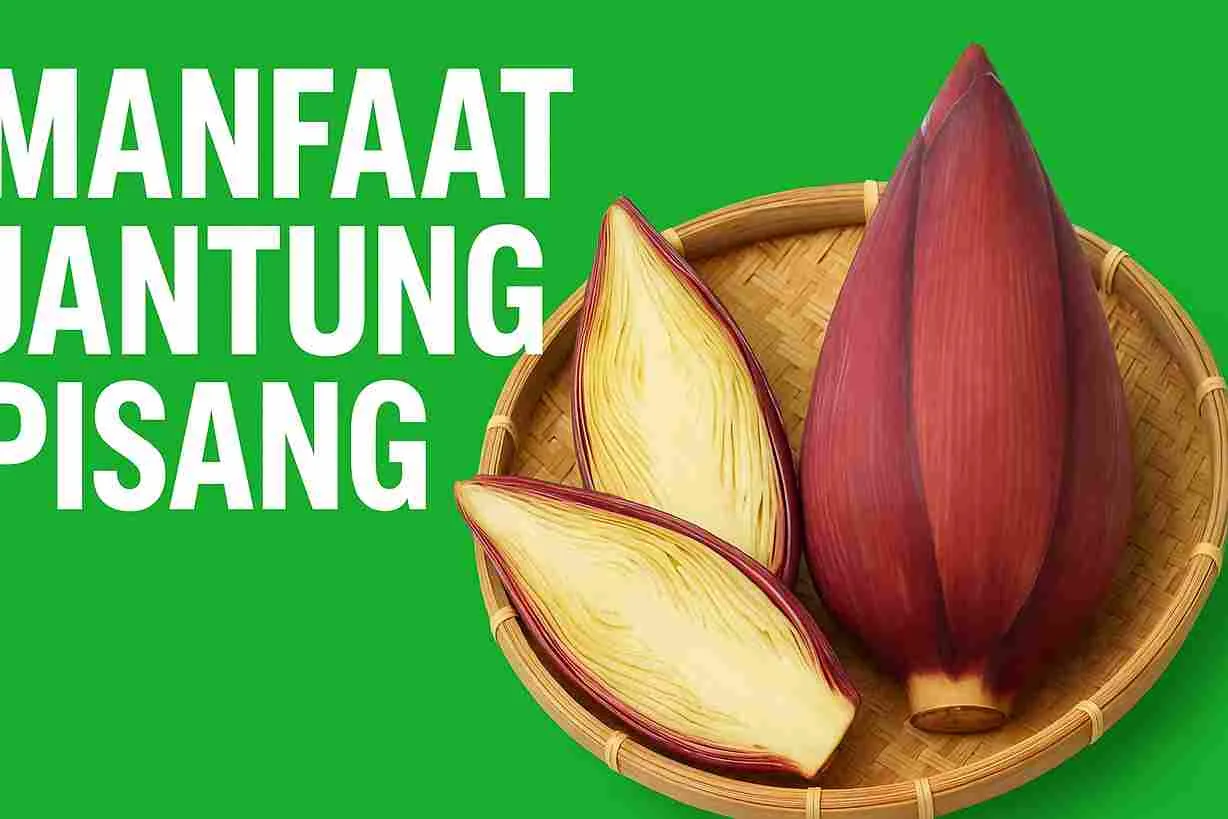 Foto jantung pisang segar di atas tampah bambu dengan latar hijau dan tulisan “Manfaat Jantung Pisang”.