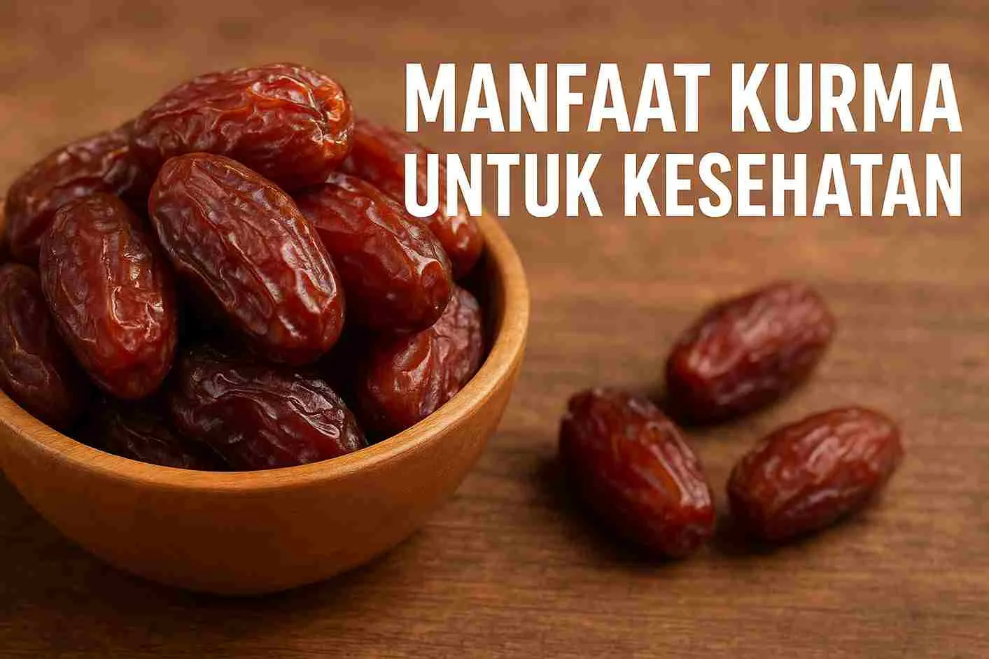 Semangkuk kurma segar berwarna cokelat kemerahan dengan tulisan “Manfaat Kurma untuk Kesehatan” di atas meja kayu.