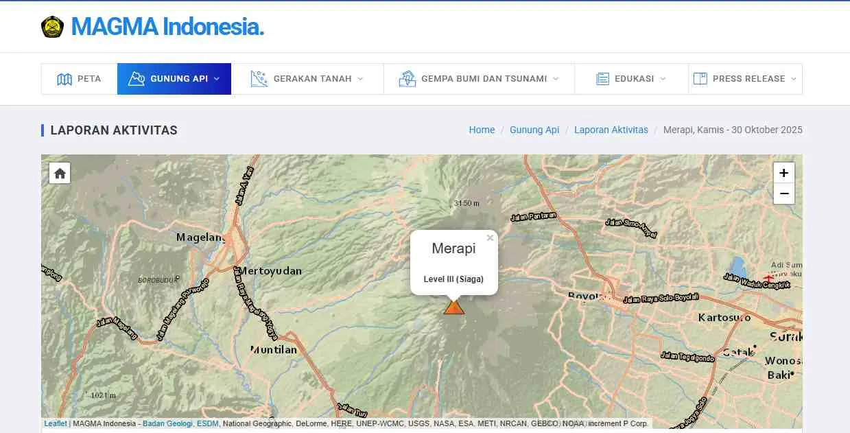 Peta aktivitas Gunung Merapi dari MAGMA Indonesia menunjukkan status Level III (Siaga) per 30 Oktober 2025.