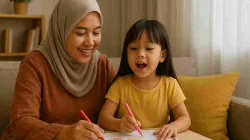 Seorang ibu Indonesia mengenakan hijab sedang tersenyum sambil menggambar bersama anak perempuannya di ruang tamu yang hangat dan nyaman.