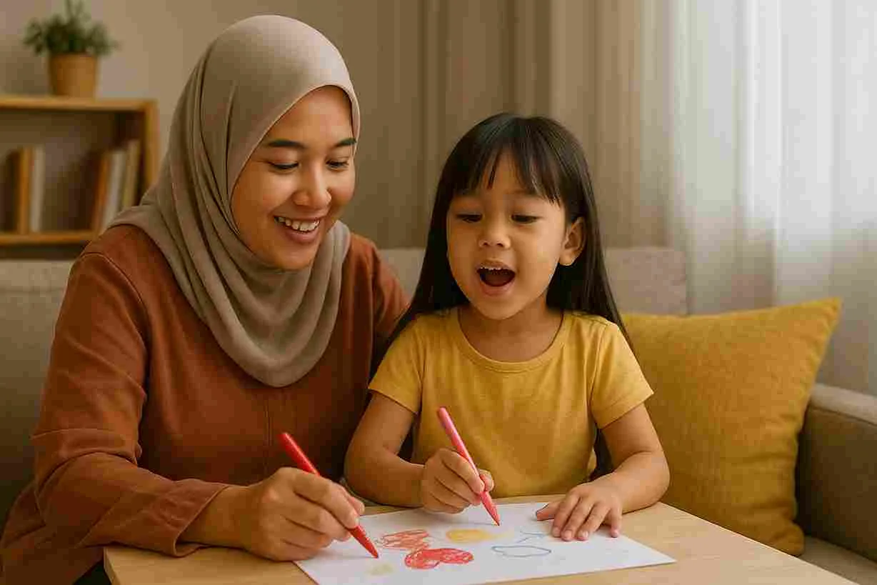Seorang ibu Indonesia mengenakan hijab sedang tersenyum sambil menggambar bersama anak perempuannya di ruang tamu yang hangat dan nyaman.