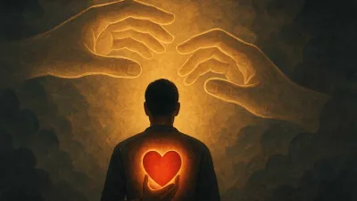 Ilustrasi seorang manusia memegang hati bercahaya di dadanya, dengan dua tangan besar bercahaya di atasnya melambangkan kekuasaan Allah yang membolak-balikkan hati manusia.