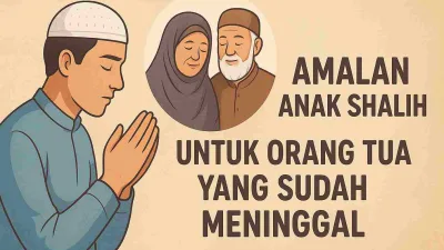 Ilustrasi seorang anak muslim berdoa untuk kedua orang tuanya yang sudah meninggal, dengan gambar orang tua tersenyum damai.