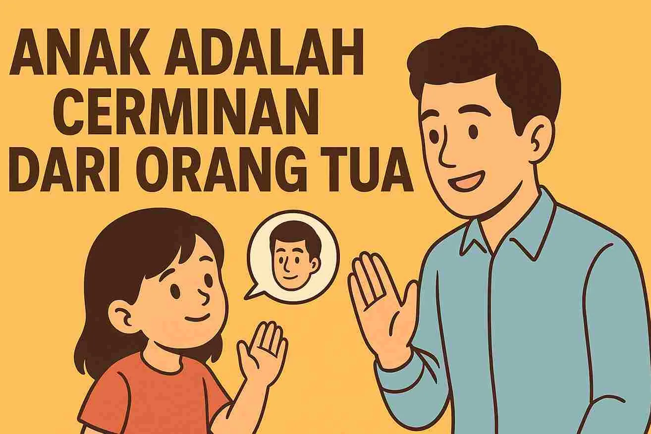 Ilustrasi ayah dan anak perempuan saling berinteraksi hangat, mencerminkan hubungan orang tua dan anak dengan tulisan “Anak adalah Cerminan dari Orang Tua” di latar berwarna kuning oranye.