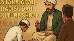 Ilustrasi santri menghormati guru di majelis ilmu pesantren, menggambarkan nilai adab dan tradisi keilmuan Islam klasik.
