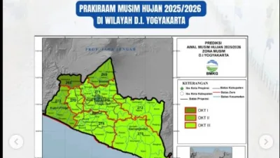 Peta prakiraan awal musim hujan 2025/2026 di wilayah Daerah Istimewa Yogyakarta yang dirilis BMKG, menunjukkan perbedaan waktu mulai musim hujan di berbagai kabupaten dan kota.