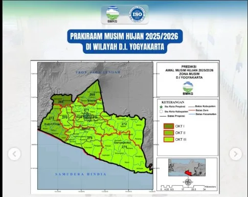 Peta prakiraan awal musim hujan 2025/2026 di wilayah Daerah Istimewa Yogyakarta yang dirilis BMKG, menunjukkan perbedaan waktu mulai musim hujan di berbagai kabupaten dan kota.