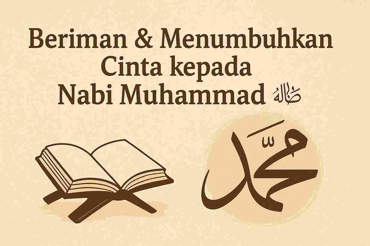 Ilustrasi islami dengan tulisan “Beriman & Menumbuhkan Cinta kepada Nabi Muhammad ﷺ” disertai kaligrafi “Muhammad” dan gambar Al-Qur’an di atas latar warna krem lembut.