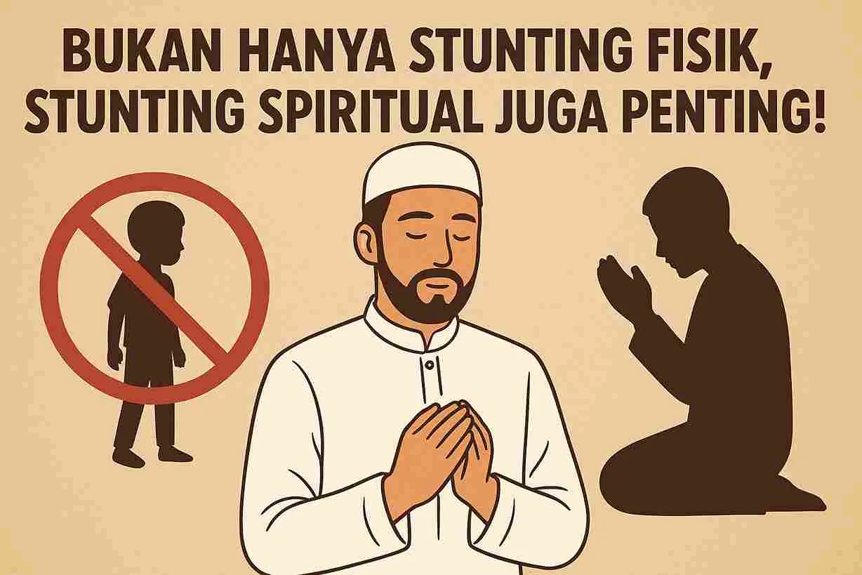 Ilustrasi seorang muslim sedang berdoa dengan latar tulisan “Bukan Hanya Stunting Fisik, Stunting Spiritual Juga Penting!”, menggambarkan pentingnya pertumbuhan iman selain fisik.