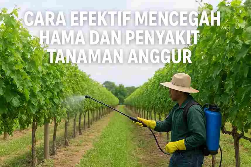 Petani sedang menyemprot tanaman anggur menggunakan alat semprot punggung di kebun hijau untuk mencegah hama dan penyakit tanaman.