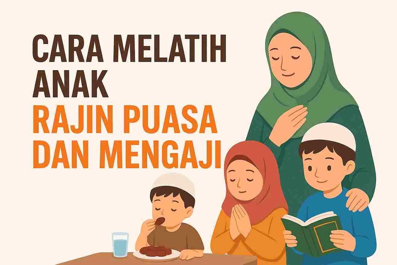 Ilustrasi ibu dan tiga anak belajar berpuasa dan mengaji bersama dengan suasana hangat penuh kasih.