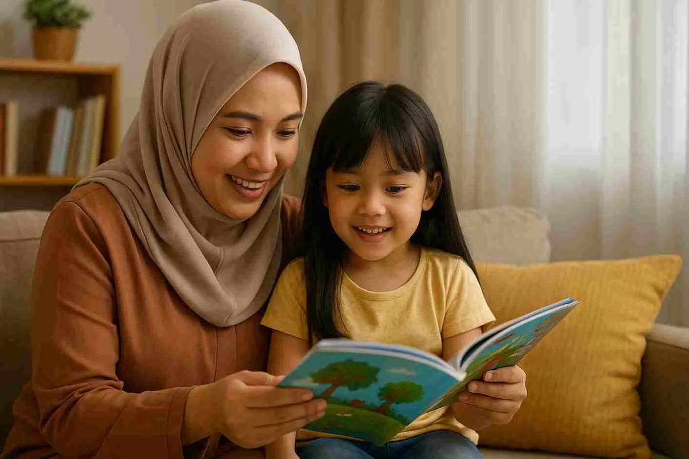 Seorang ibu Indonesia berhijab sedang membacakan buku bergambar kepada anak perempuannya di ruang keluarga dengan suasana hangat.