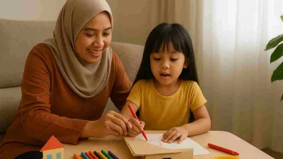 Seorang ibu berhijab sedang tersenyum sambil menemani anak perempuannya menggambar di ruang tamu, menciptakan suasana hangat dan penuh kasih.