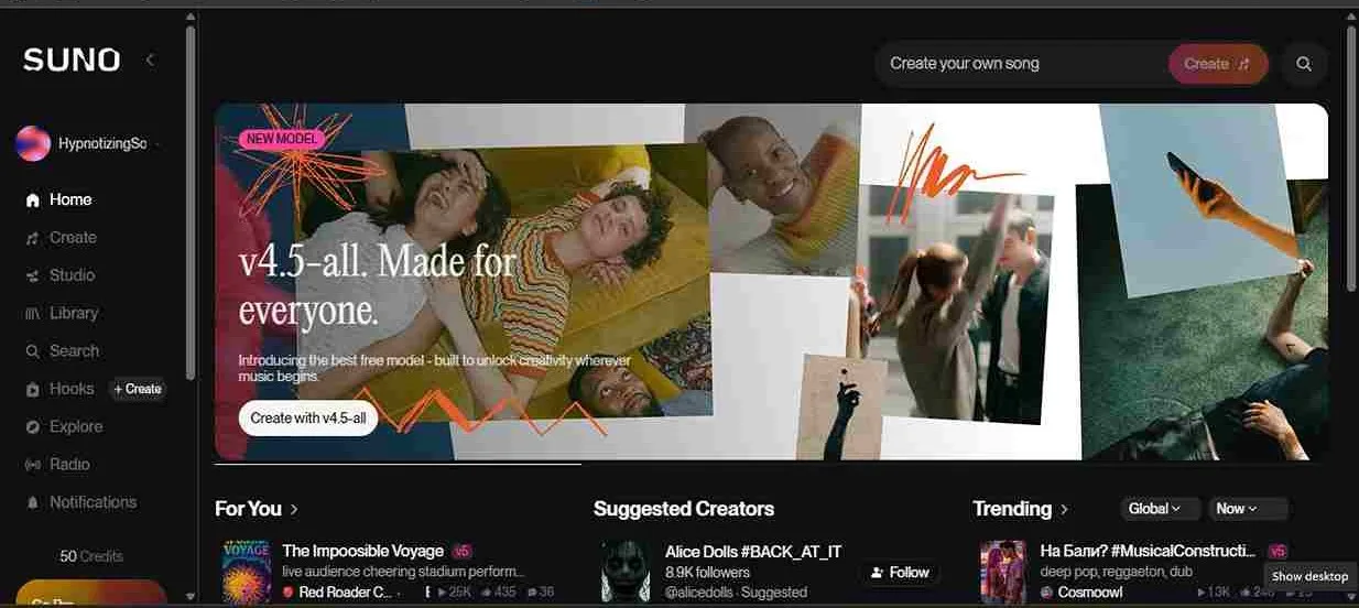 Tampilan halaman utama situs Suno AI menampilkan fitur pembuatan lagu otomatis berbasis kecerdasan buatan.