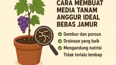 Ilustrasi edukatif cara membuat media tanam anggur yang ideal dan bebas jamur dengan pot anggur sehat, pembesaran tanah, dan poin-poin panduan.