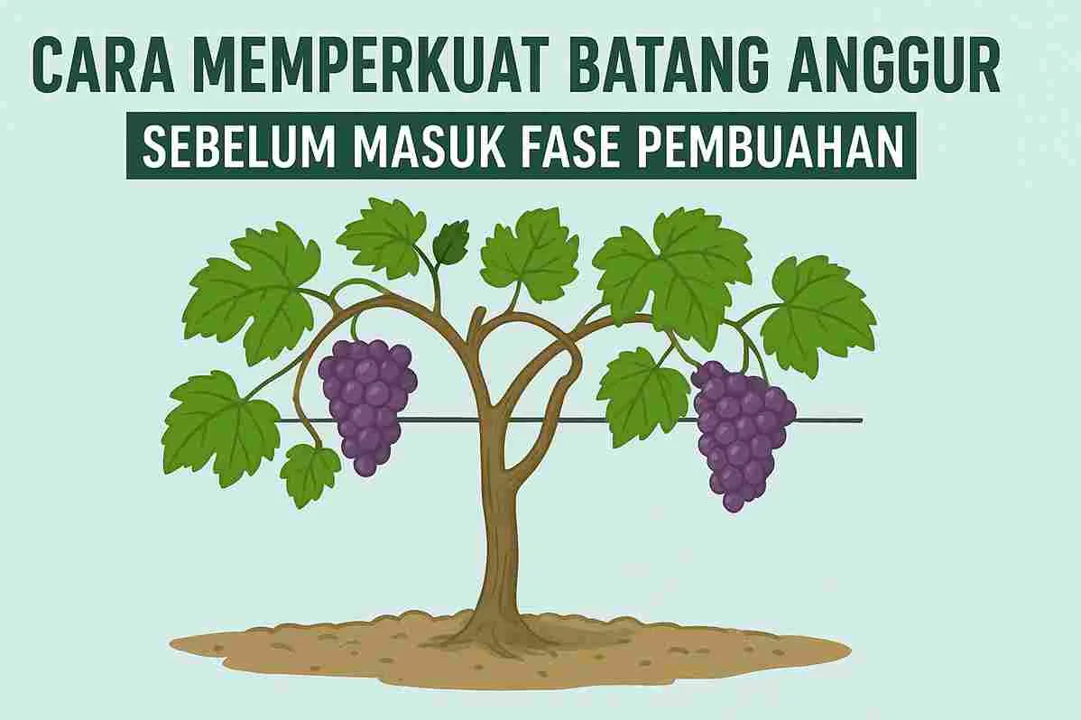 Ilustrasi pohon anggur dengan batang kokoh dan daun hijau segar, tumbuh di atas tanah dengan dua dompolan buah ungu, menggambarkan cara memperkuat batang anggur sebelum fase pembuahan.