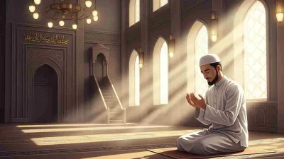 Seorang muslim berdoa dengan khusyuk di dalam masjid yang diterangi cahaya matahari lembut dari jendela, menggambarkan rasa syukur dan ketenangan hati.