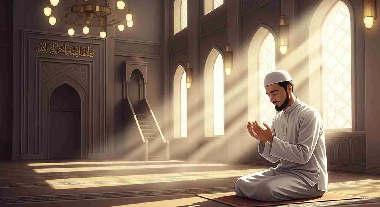 Seorang muslim berdoa dengan khusyuk di dalam masjid yang diterangi cahaya matahari lembut dari jendela, menggambarkan rasa syukur dan ketenangan hati.