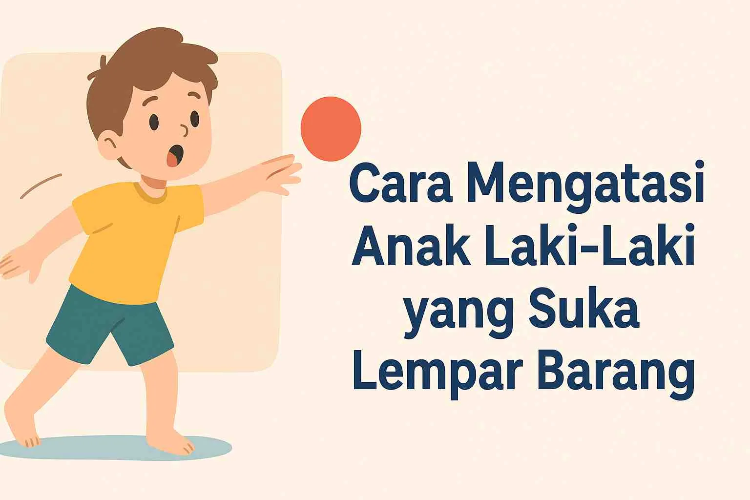 Ilustrasi anak laki-laki kecil sedang melempar bola merah dengan ekspresi ceria, menggambarkan perilaku aktif anak usia dini yang sedang belajar mengendalikan gerakan motorik.