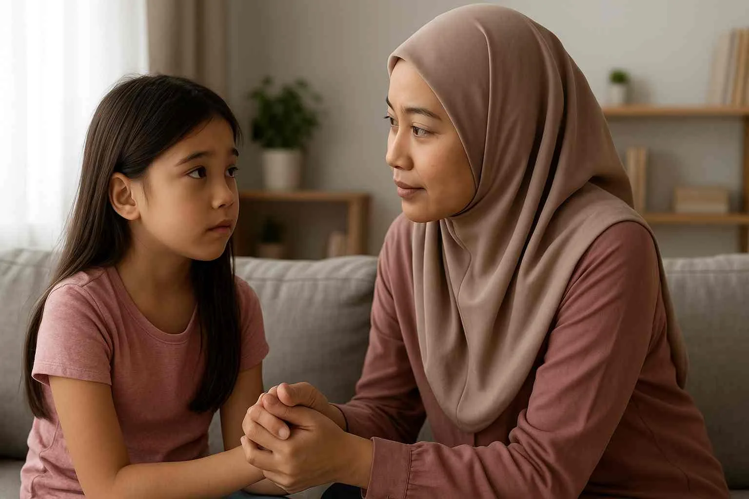 Seorang ibu berhijab dengan lembut menenangkan anak perempuannya yang tampak cemas di ruang tamu, menunjukkan kasih sayang dan empati dalam komunikasi.