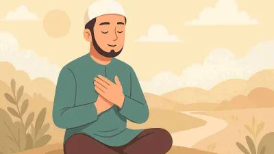 Ilustrasi seorang pria Muslim sedang menenangkan diri sambil memegang dada di tengah alam yang tenang, menggambarkan ketenangan jiwa dan keyakinan kepada Allah.
