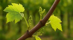 Pohon anggur sehat dengan tunas bunga baru setelah pemangkasan dan pemupukan generatif di kebun.