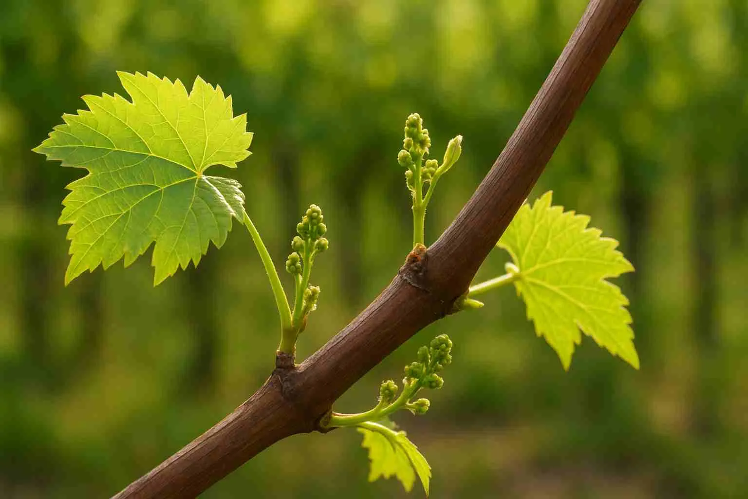 Pohon anggur sehat dengan tunas bunga baru setelah pemangkasan dan pemupukan generatif di kebun.