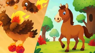 Ilustrasi burung Ababil membawa batu api dan seekor kuda Nabi Sulaiman di padang hijau, menggambarkan kisah pasukan hewan dalam dongeng islami anak.