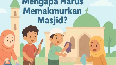 Anak-anak muslim bersama orang tua membersihkan masjid dengan gembira sebagai wujud memakmurkan rumah Allah.