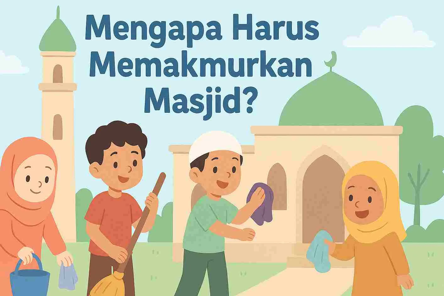 Anak-anak muslim bersama orang tua membersihkan masjid dengan gembira sebagai wujud memakmurkan rumah Allah.