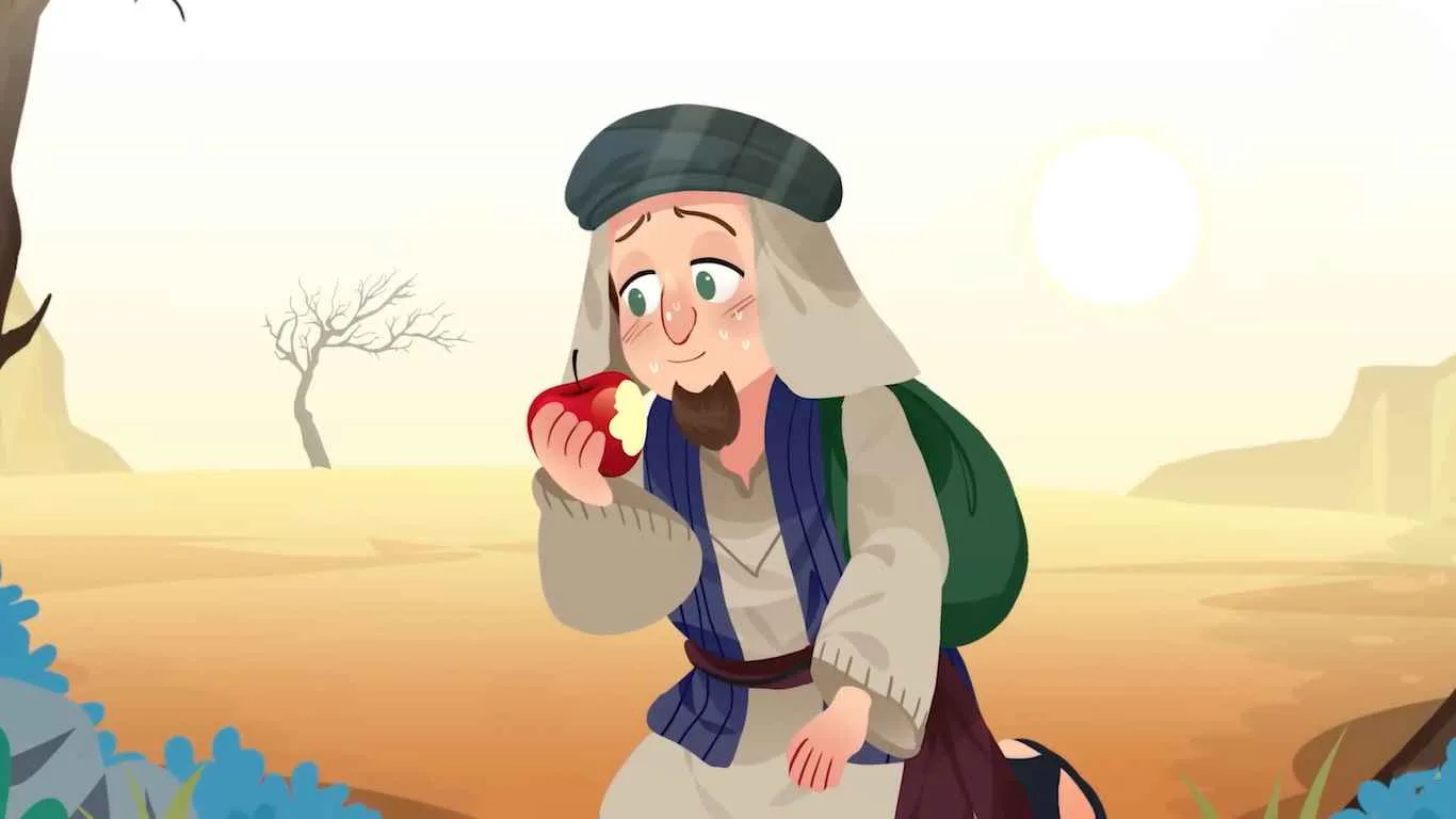 Ilustrasi pemuda muslim sedang memegang sebutir apel di padang pasir dengan latar matahari terbenam, menggambarkan kisah teladan “Apel Kejujuran”.