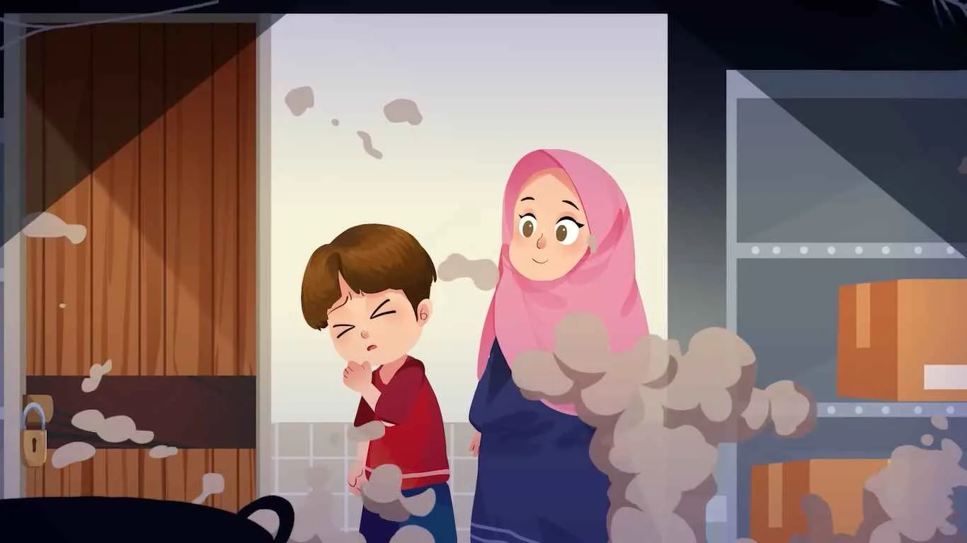 Anak laki-laki dan ibunya membuka kamar gudang berdebu dalam dongeng anak muslim Jangan Biarkan Kamar Kosong.