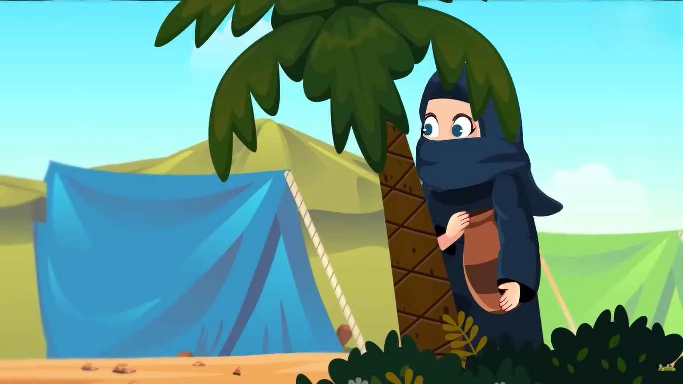 Ilustrasi kartun islami seorang wanita berhijab biru tua berdiri di belakang pohon kurma di padang pasir dengan tenda biru di latar belakang.