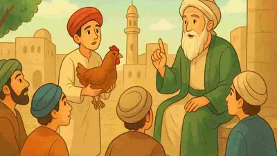 Syekh Junaid Al-Baghdadi sedang mengajar para muridnya di kota Baghdad, salah satu murid memegang ayam hidup sambil mendengarkan nasihat gurunya bahwa Allah melihat kita di manapun berada.