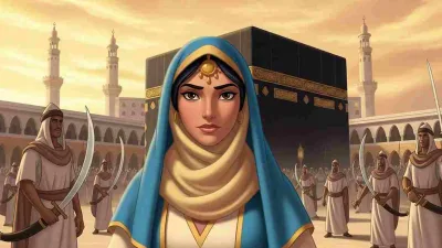 Ilustrasi Hindun binti Utbah r.a di depan Ka'bah setelah Fathu Makkah dengan suasana damai bergaya animasi Aladdin.