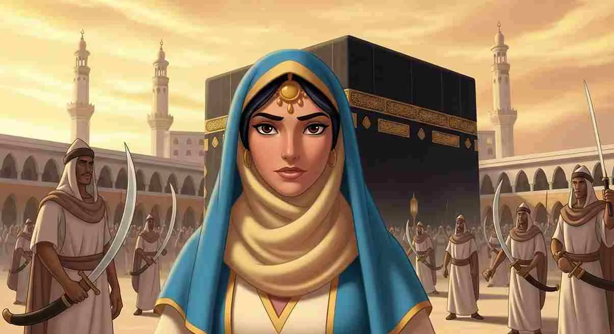 Ilustrasi Hindun binti Utbah r.a di depan Ka'bah setelah Fathu Makkah dengan suasana damai bergaya animasi Aladdin.