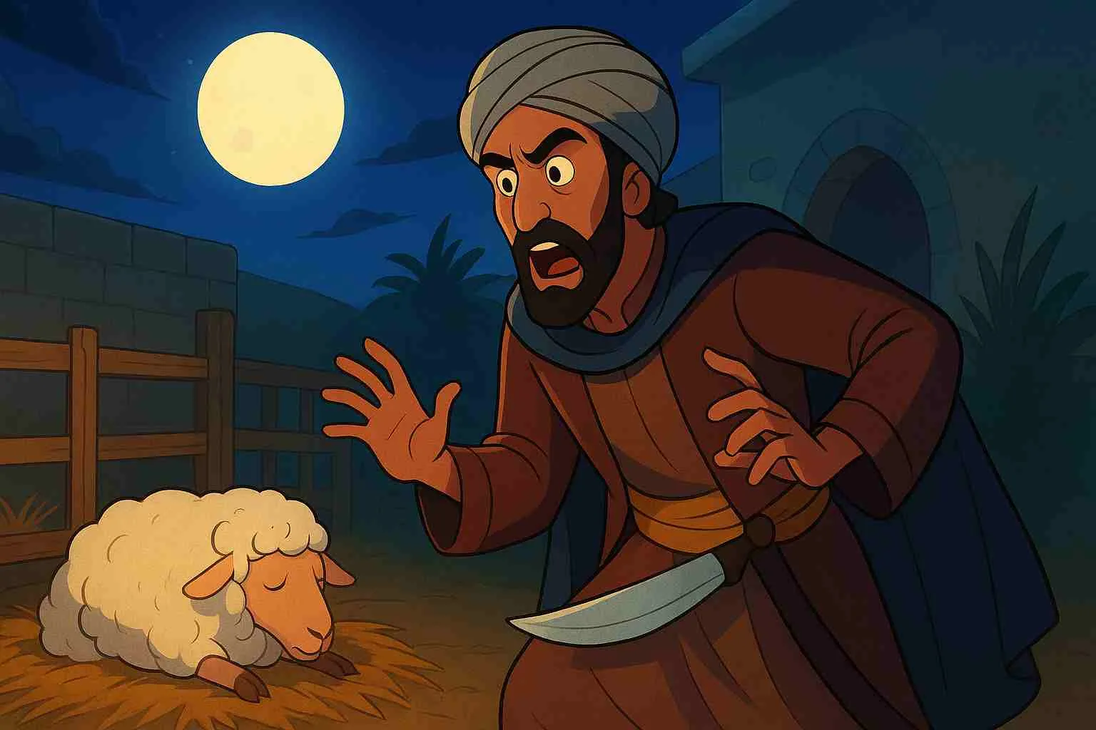 Ilustrasi bergaya Aladdin menampilkan Fuḍail bin ‘Iyāḍ sedang terkejut di bawah sinar bulan, mengenakan jubah cokelat dan sorban abu-abu, memegang pisau di dekat kandang domba.