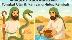 Ilustrasi dongeng anak muslim tentang mukjizat Nabi Musa AS yang menampilkan tongkat berubah menjadi ular dan ikan yang hidup kembali di padang pasir.