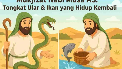 Ilustrasi dongeng anak muslim tentang mukjizat Nabi Musa AS yang menampilkan tongkat berubah menjadi ular dan ikan yang hidup kembali di padang pasir.