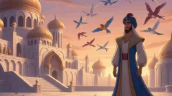Ilustrasi Nabi Sulaiman AS bersama para hewan di istana megah bergaya Timur Tengah saat senja.