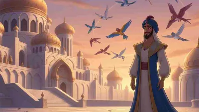Ilustrasi Nabi Sulaiman AS bersama para hewan di istana megah bergaya Timur Tengah saat senja.