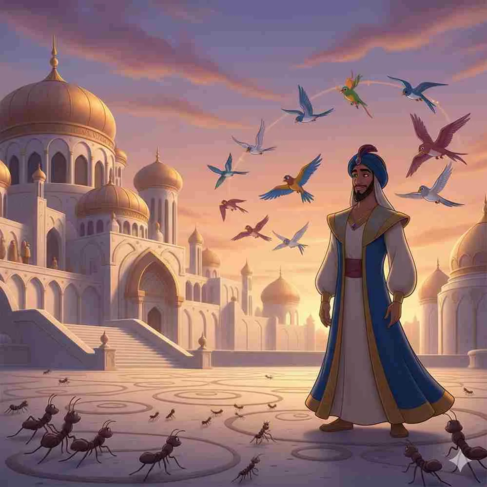 Ilustrasi Nabi Sulaiman AS bersama para hewan di istana megah bergaya Timur Tengah saat senja.