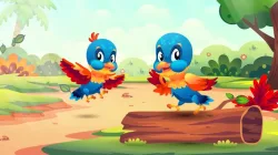 Dua burung berwarna biru dan oranye bermain ceria di taman hijau yang penuh pepohonan dan bunga berwarna-warni.
